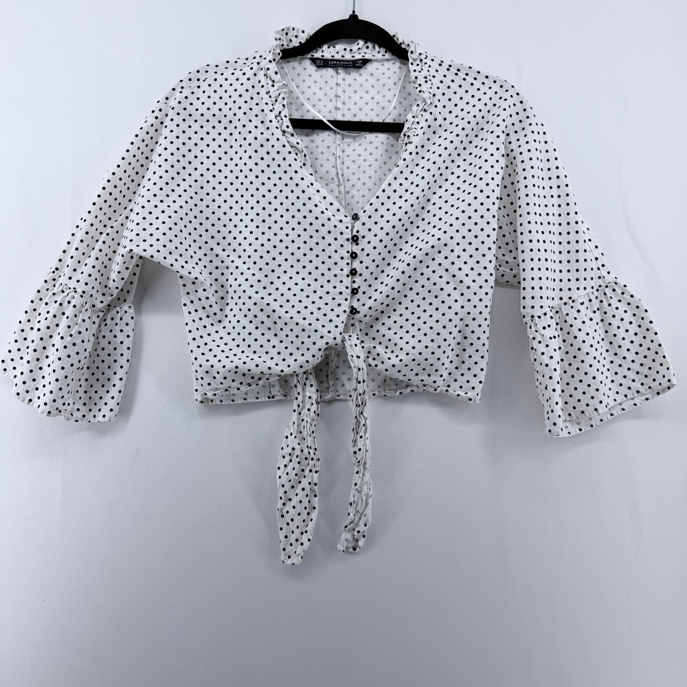 Zara Basic Polka Dot Crop Top White Black‎ Ruffle Neck Bell Sleeve Tie Front S